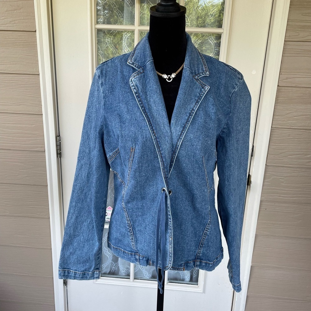 Oscar de la Renta 12P Petite Denim Blazer Jacket Tailored Waist Tie Flare Sleeve
